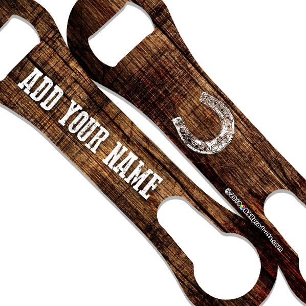 "ADD YOUR NAME" V-ROD® Bottle Opener – Grunge Wood – Several Color Options