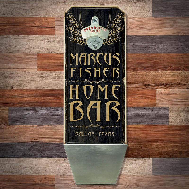 CUSTOMIZABLE Wall Mounted Wood Plaque Bottle Opener & Cap Catcher - Home Bar