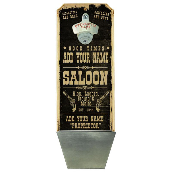 CUSTOMIZABLE Wall Mounted Wood Plaque Bottle Opener & Cap Catcher - Vintage Saloon