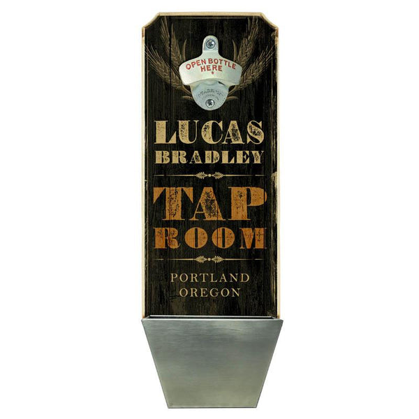 CUSTOMIZABLE Wall Mounted Wood Plaque Bottle Opener & Cap Catcher - Tap Room