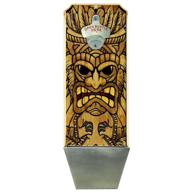 Wall Mount Bottle Opener with Cap Catcher- Tiki Man