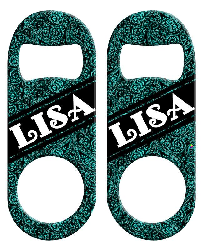 CUSTOMIZABLE Mini Bottle Opener with Retractable Reel - Teal Paisley