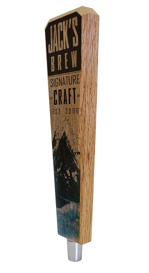 Custom Oak Wood Beer Tap Handles - Flared Shape - Mountain Brew - 10 inch