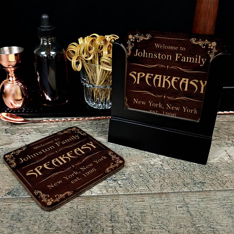 Customizable Wooden Square Coasters - Speakeasy - Set of 4