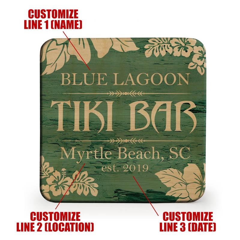 Customizable Wooden Square Coasters - Tiki Theme - Set of 4